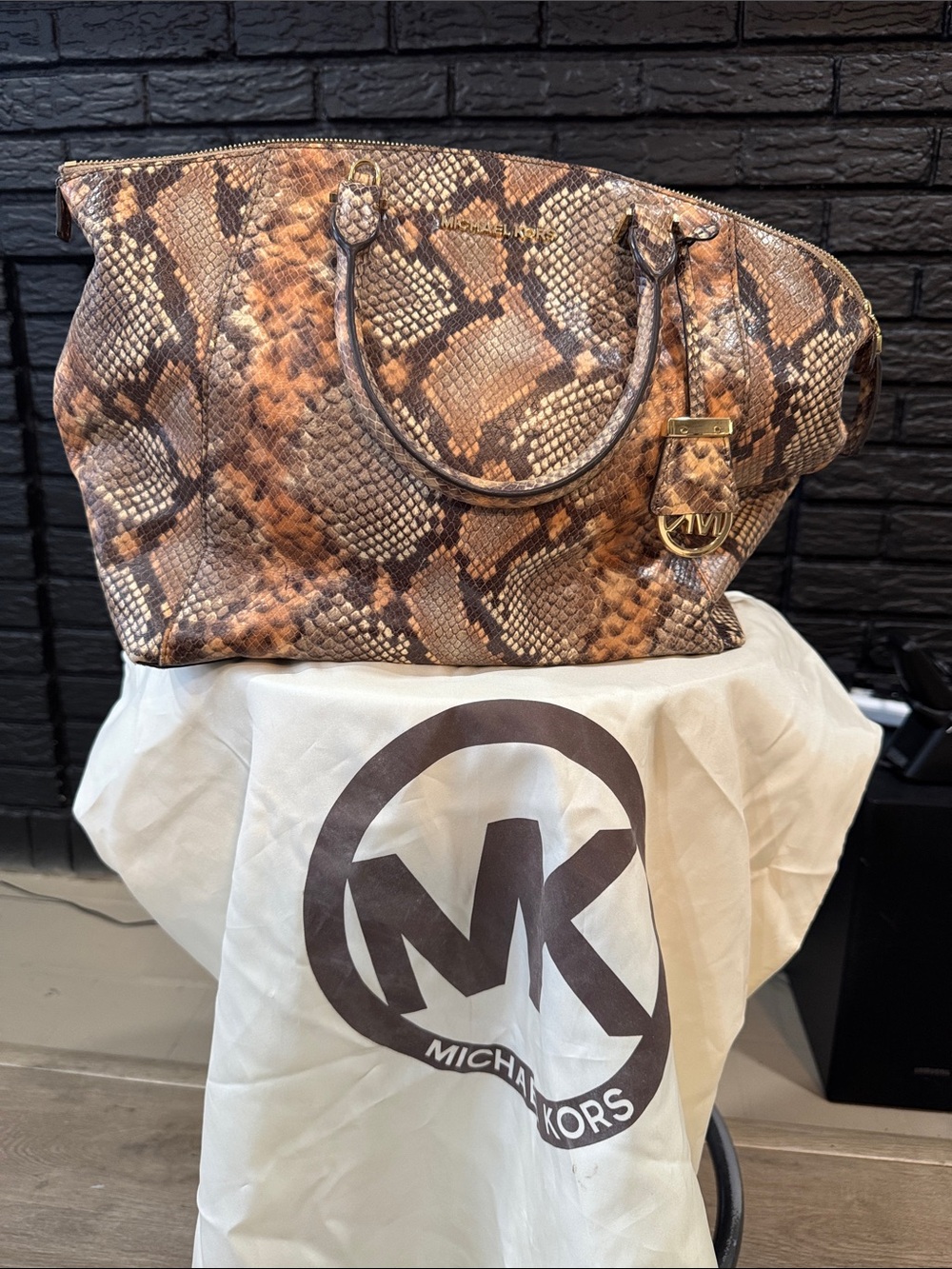 Michael Kors Tan and Brown Snake-Print Leather Tote
